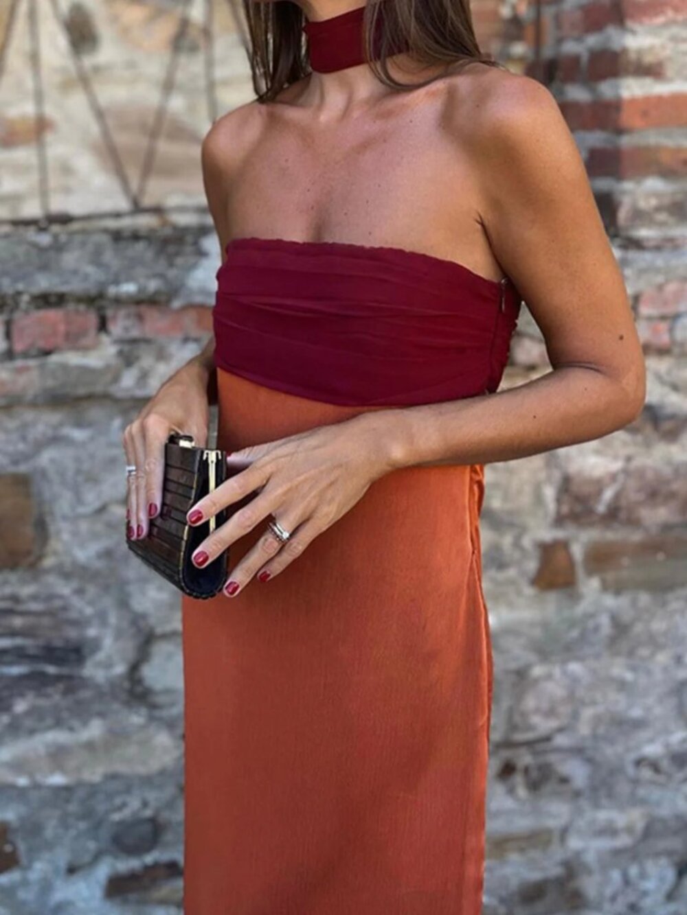 Strapless Two-Tone Rust and Wine Maxi Dress